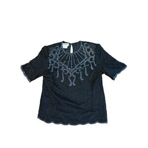 Brilliante by J.A. Womens Large Black Beaded Vtg 90s Formal Blouse GUC